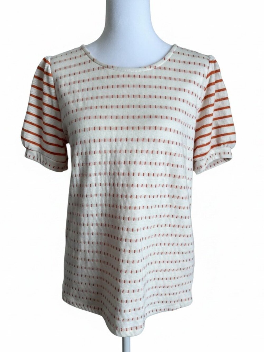 Pink Clover Textured Knit Puff Sleeve Top - Cream & Orange Stripe - Size Med